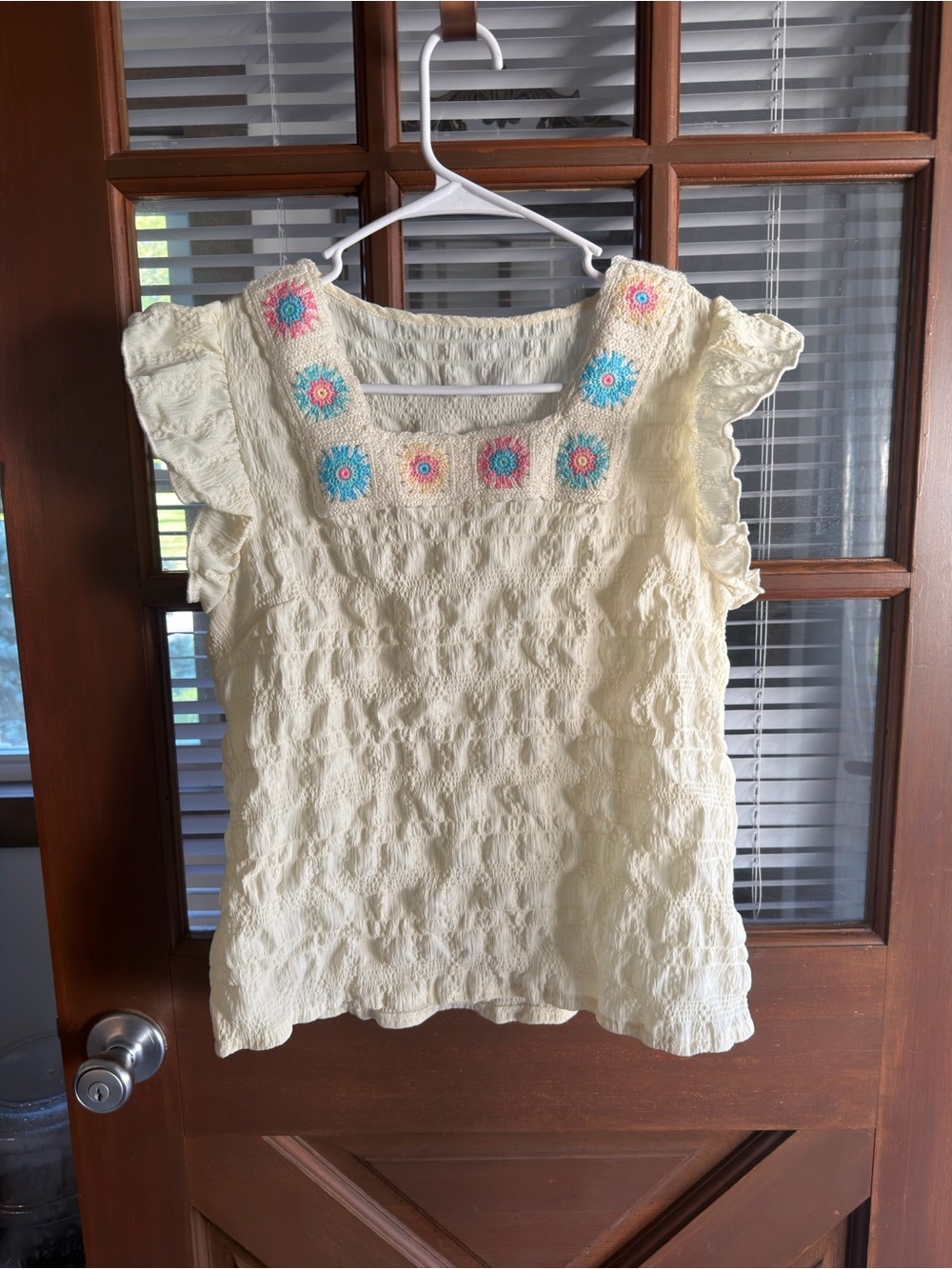 Embroidered Flutter Sleeve Women's Top - Cream with Pink & Blue Accents